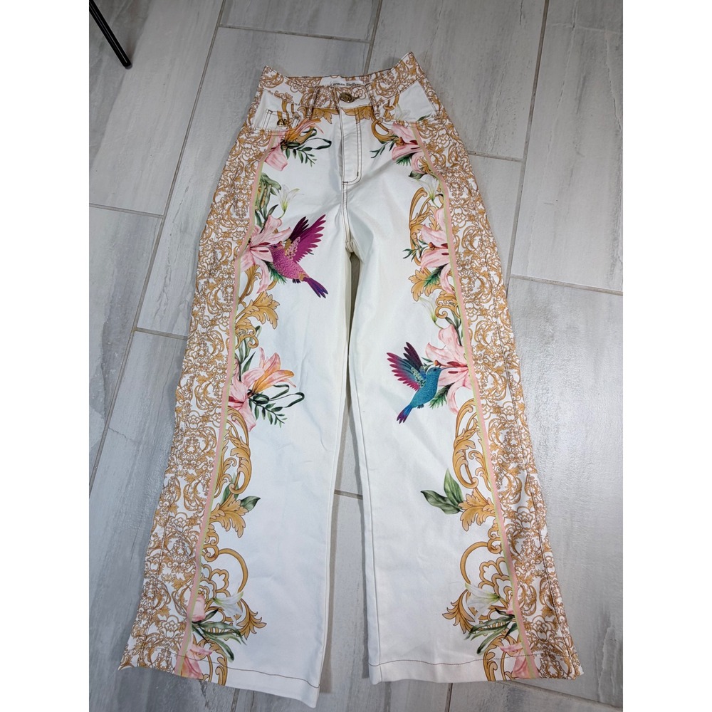 Carmen Steffens Floral Hummingbird Baroque Wide Leg Pants White Gold Sz 34